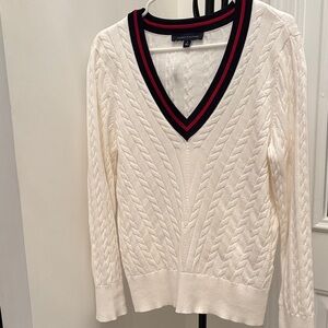 Tommy Hilfiger Cream V-Neck Sweater with Striped Trim